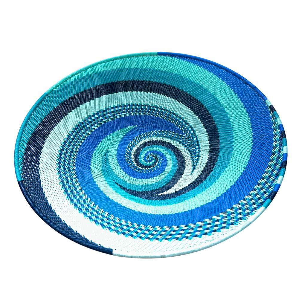 Africa Fair Trade Zulu telephone wire basket blue African Ocean swirl 12”